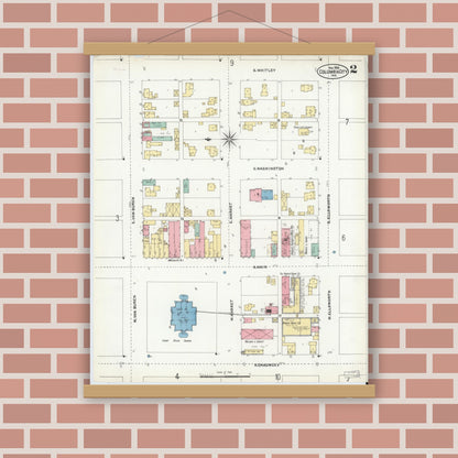 Old map wall art mockup — magnetic wood frame on brick wall — Sanborn Fire Insurance Map from Columbia City, Whitley County, Indiana (1905), Sheet #0002