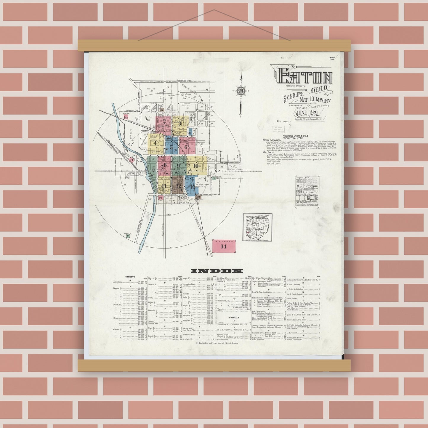 Old map wall art mockup — magnetic wood frame on brick wall — Sanborn Fire Insurance Map from Eaton, Preble County, Ohio (1921), Sheet #0001
