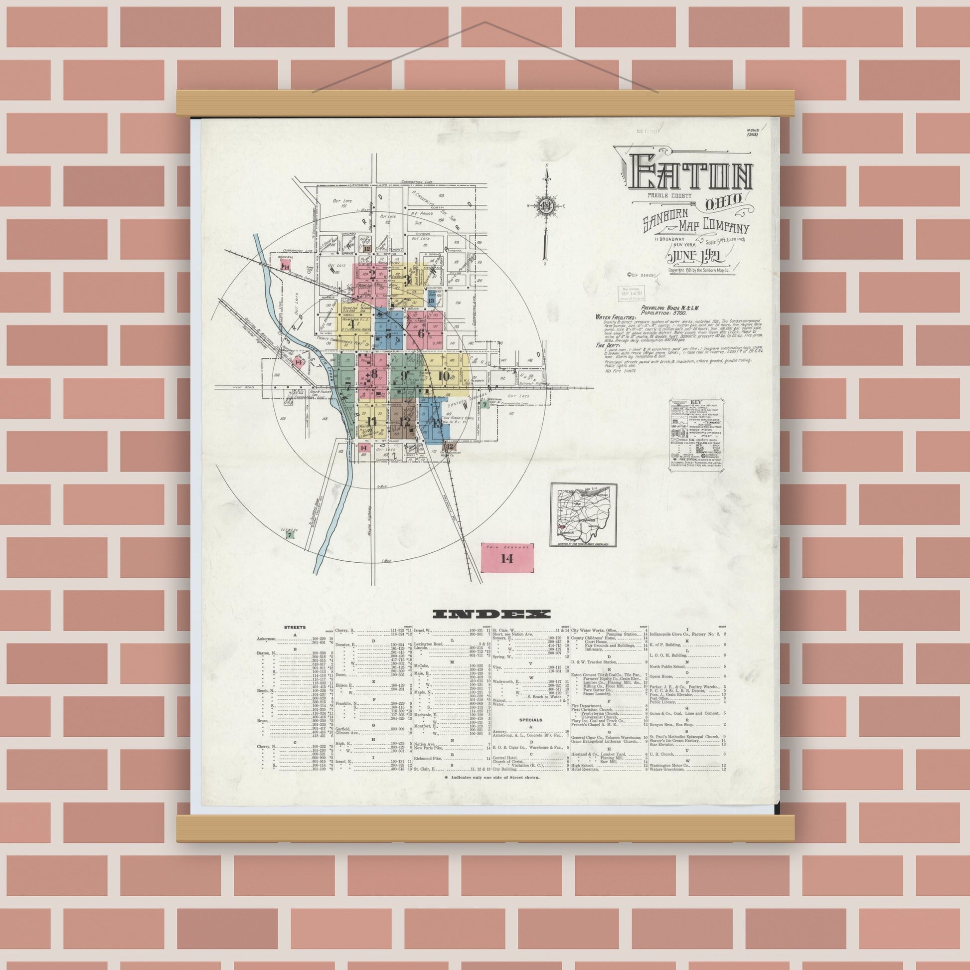 Old map wall art mockup — magnetic wood frame on brick wall — Sanborn Fire Insurance Map from Eaton, Preble County, Ohio (1921), Sheet #0001
