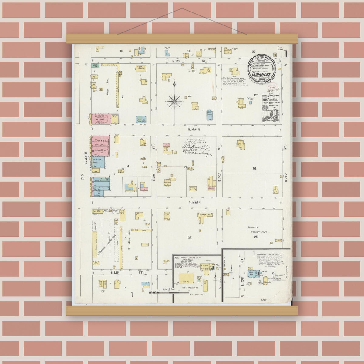 Old map wall art mockup — magnetic wood frame on brick wall — Sanborn Fire Insurance Map from Comanche, Comanche County, Texas (1896), Sheet #0001