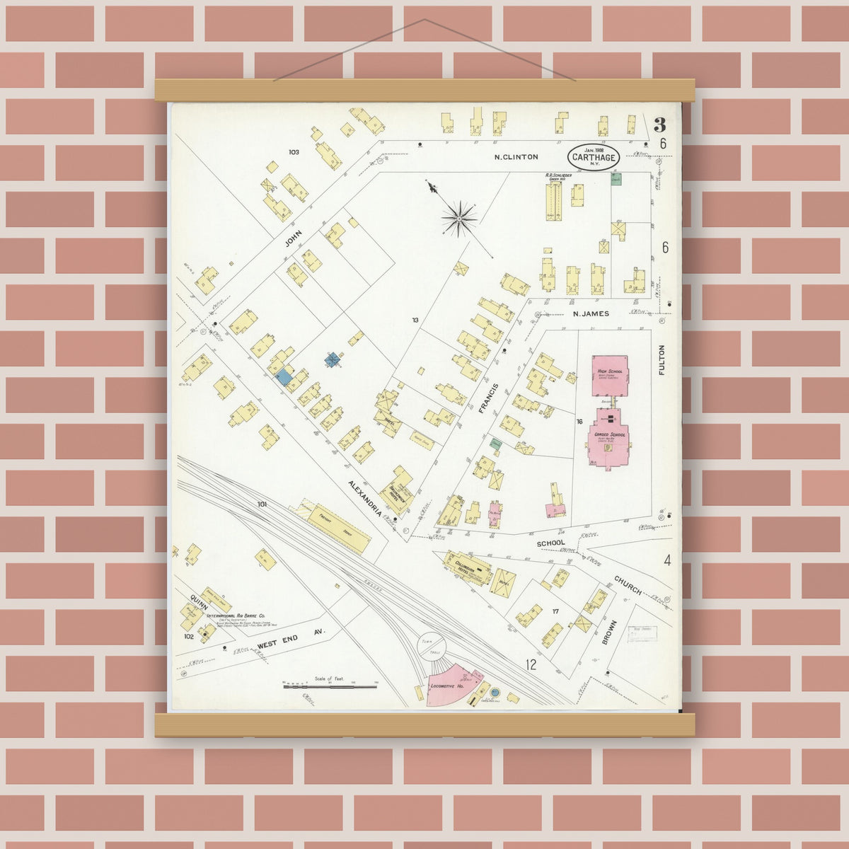 Old map wall art mockup — magnetic wood frame on brick wall — Sanborn Fire Insurance Map from Carthage, Jefferson County, New York (1908), Sheet #0003
