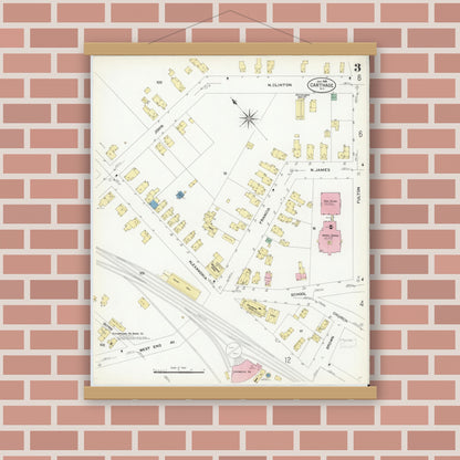Old map wall art mockup — magnetic wood frame on brick wall — Sanborn Fire Insurance Map from Carthage, Jefferson County, New York (1908), Sheet #0003