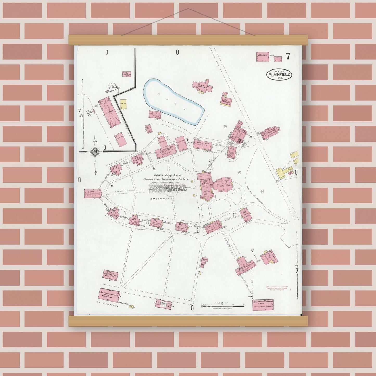 Old map wall art mockup — magnetic wood frame on brick wall — Sanborn Fire Insurance Map from Plainfield, Hendricks County, Indiana (1920), Sheet #0007
