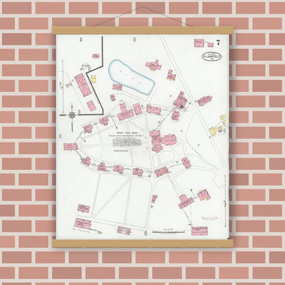 Old map wall art mockup — magnetic wood frame on brick wall — Sanborn Fire Insurance Map from Plainfield, Hendricks County, Indiana (1920), Sheet #0007