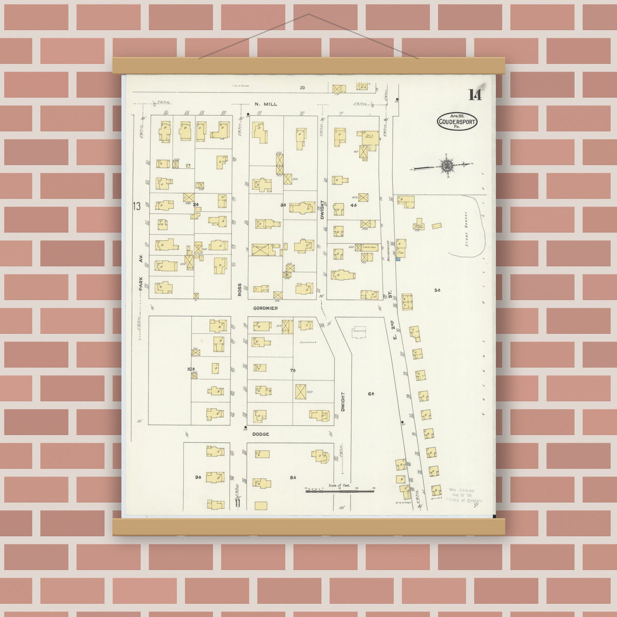 Old map wall art mockup — magnetic wood frame on brick wall — Sanborn Fire Insurance Map from Coudersport, Potter County, Pennsylvania (1911), Sheet #0014