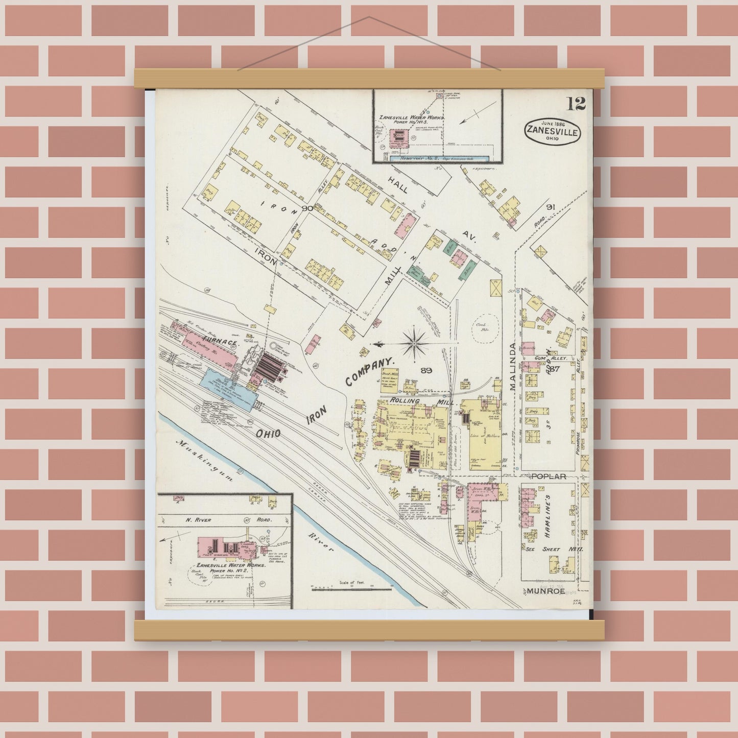 Old map wall art mockup — magnetic wood frame on brick wall — Sanborn Fire Insurance Map from Zanesville, Muskingum County, Ohio (1886), Sheet #0012