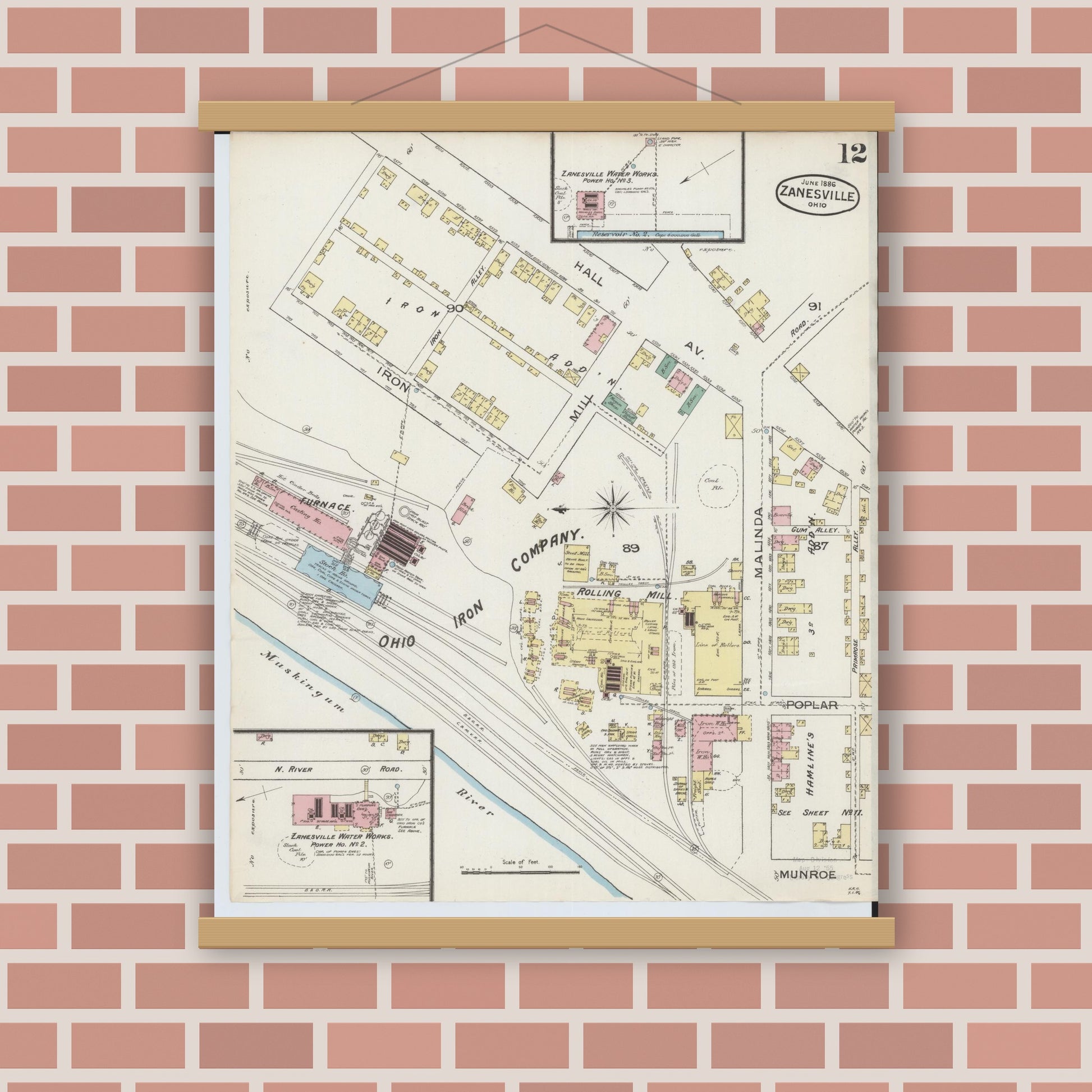 Old map wall art mockup — magnetic wood frame on brick wall — Sanborn Fire Insurance Map from Zanesville, Muskingum County, Ohio (1886), Sheet #0012
