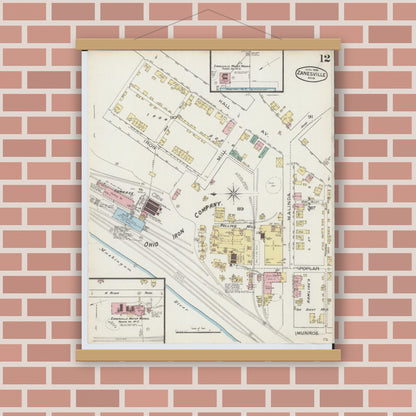 Old map wall art mockup — magnetic wood frame on brick wall — Sanborn Fire Insurance Map from Zanesville, Muskingum County, Ohio (1886), Sheet #0012