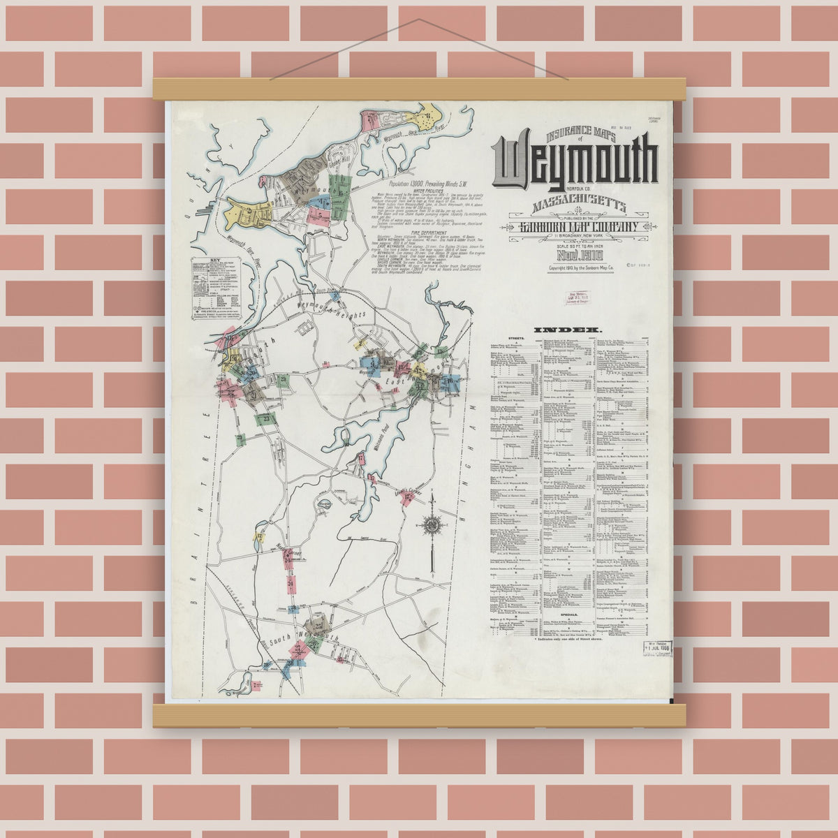 Old map wall art mockup — magnetic wood frame on brick wall — Sanborn Fire Insurance Map from Weymouth, Norfolk County, Massachusetts (1910) - Complete Map Set