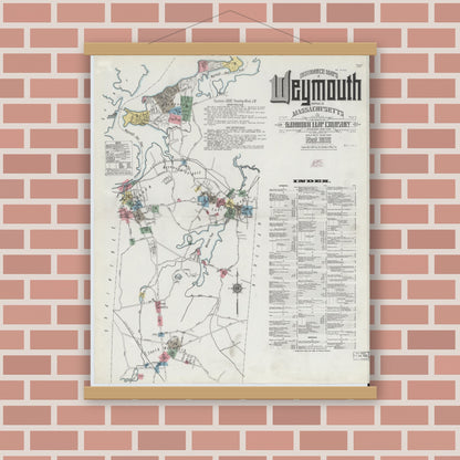 Old map wall art mockup — magnetic wood frame on brick wall — Sanborn Fire Insurance Map from Weymouth, Norfolk County, Massachusetts (1910) - Complete Map Set