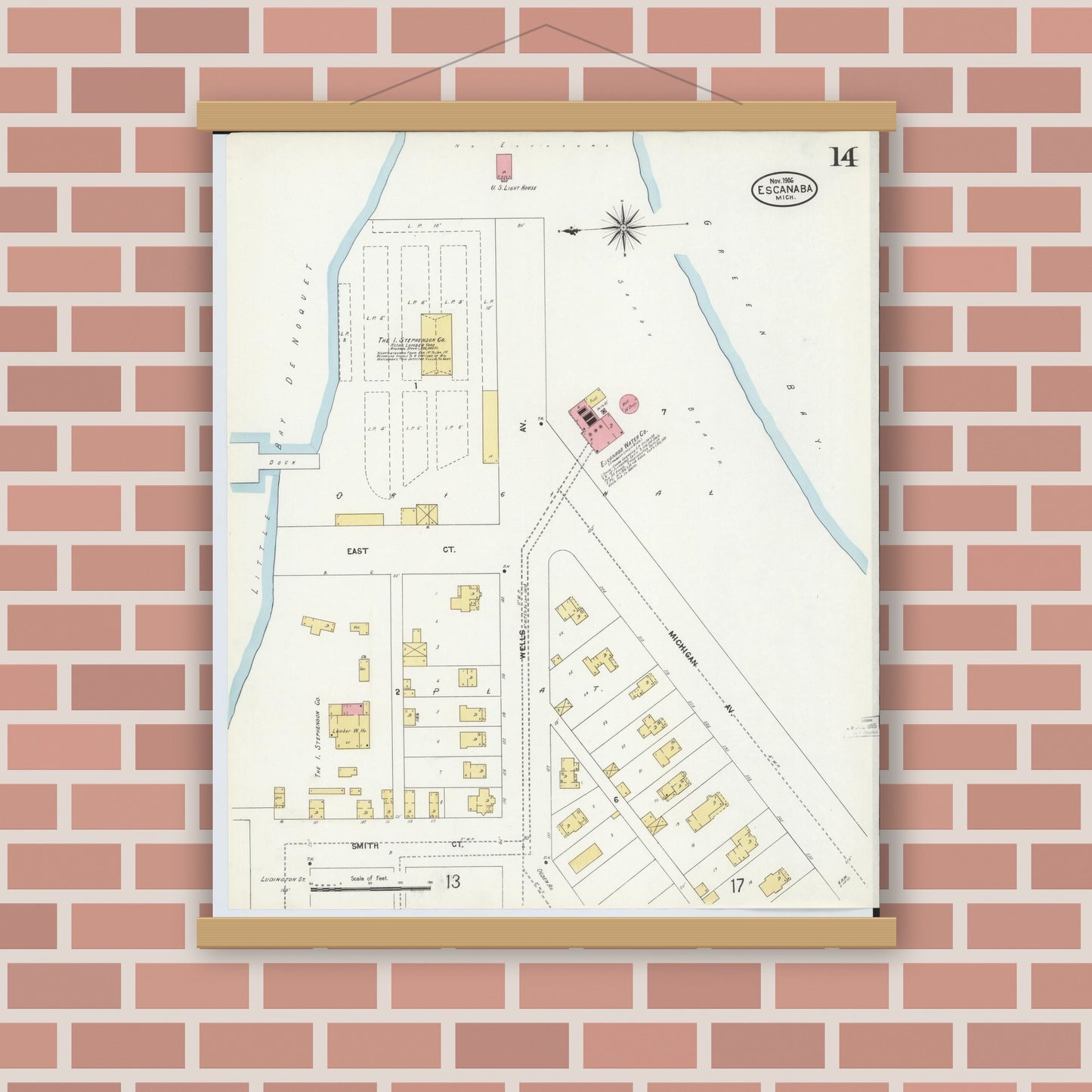 Old map wall art mockup — magnetic wood frame on brick wall — Sanborn Fire Insurance Map from Escanaba, Delta County, Michigan (1906), Sheet #0014