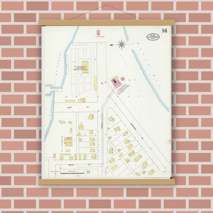 Old map wall art mockup — magnetic wood frame on brick wall — Sanborn Fire Insurance Map from Escanaba, Delta County, Michigan (1906), Sheet #0014