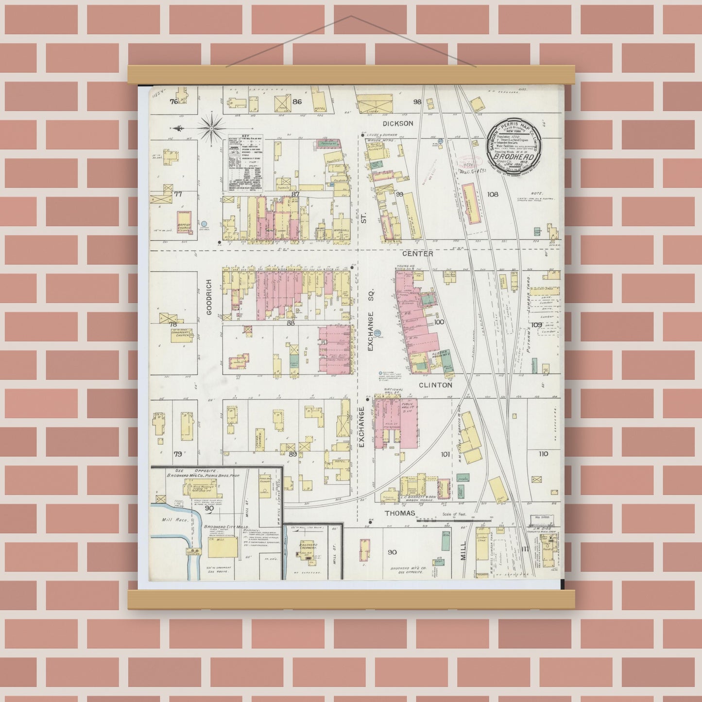 Old map wall art mockup — magnetic wood frame on brick wall — Sanborn Fire Insurance Map from Brodhead, Green County, Wisconsin (1893), Sheet #0001