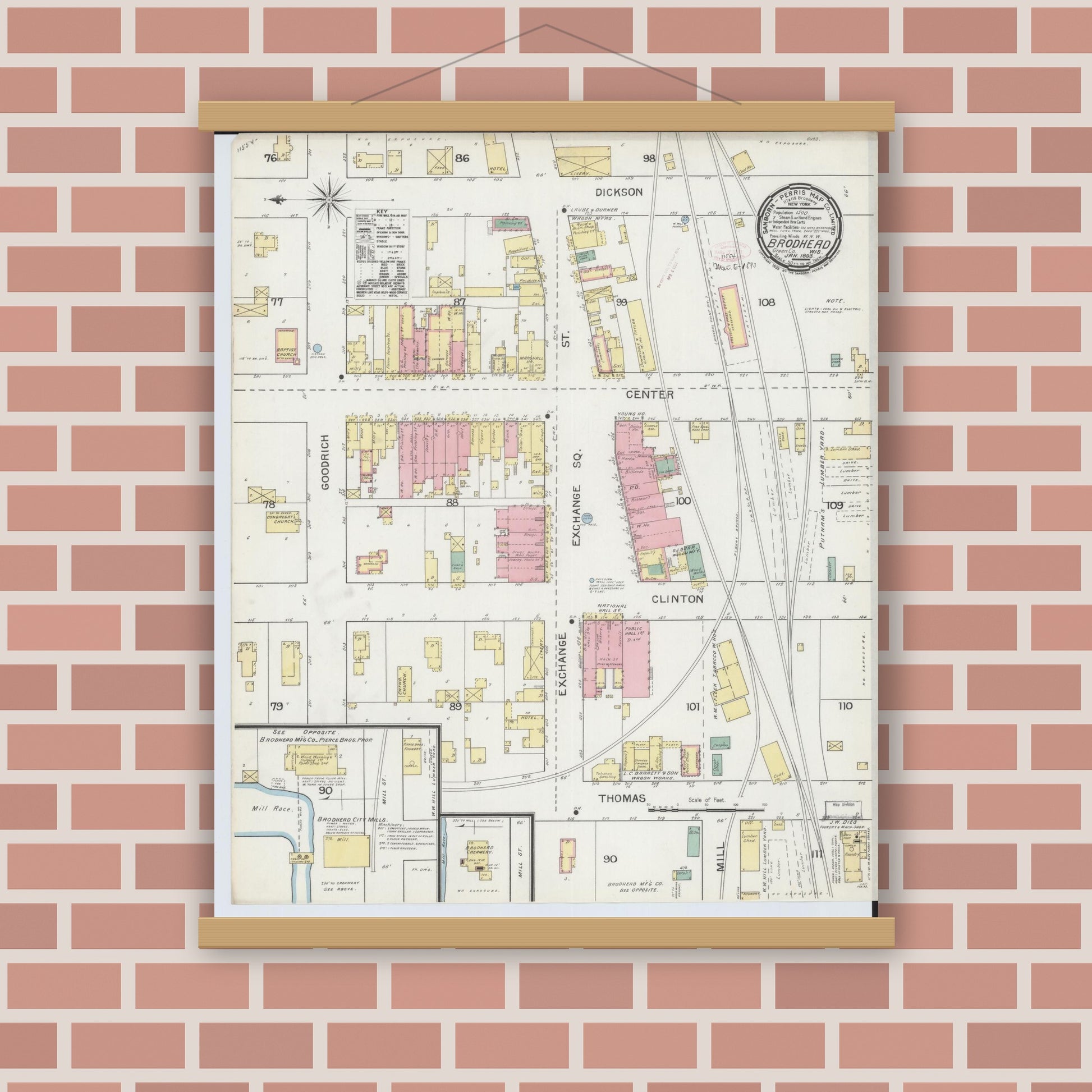 Old map wall art mockup — magnetic wood frame on brick wall — Sanborn Fire Insurance Map from Brodhead, Green County, Wisconsin (1893), Sheet #0001