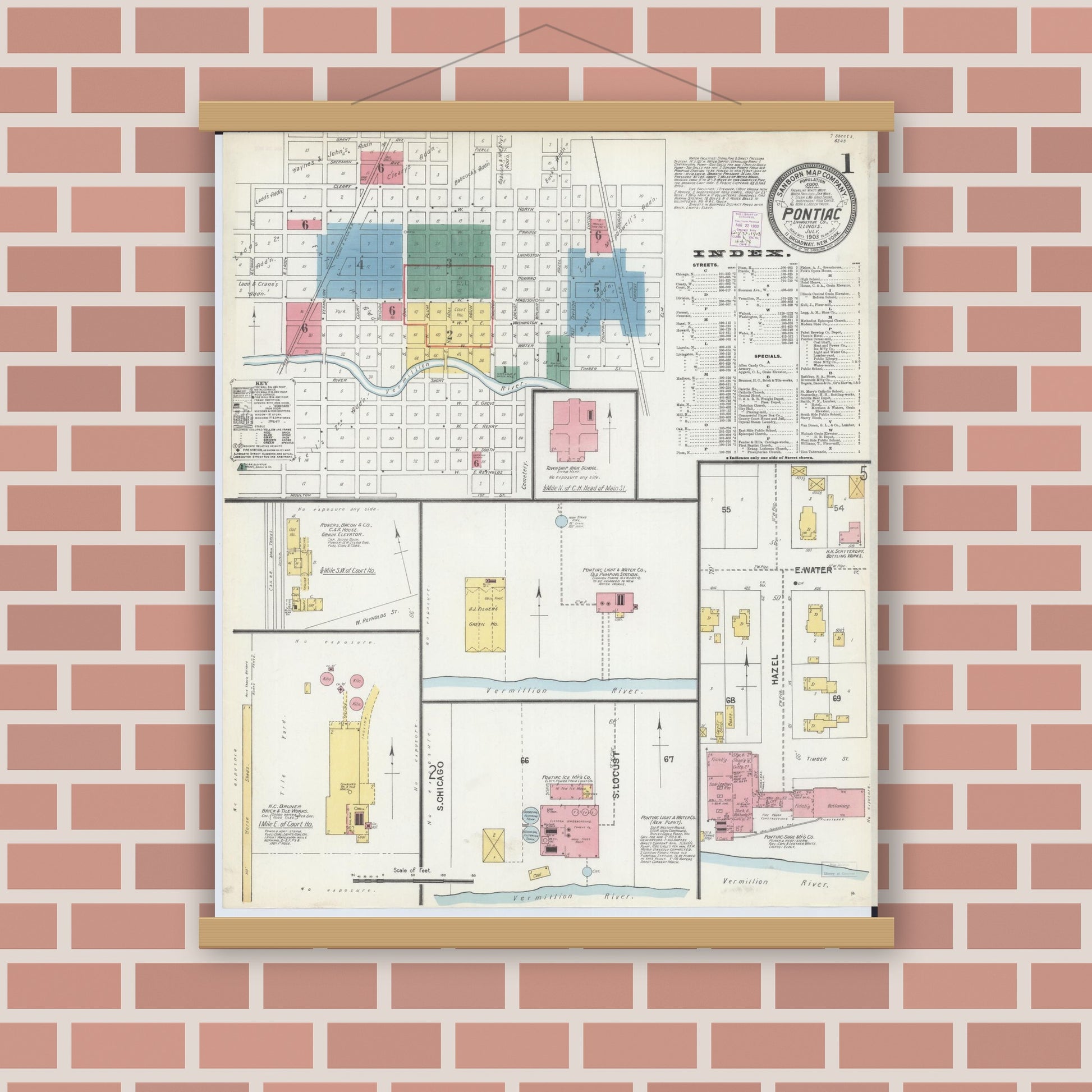 Old map wall art mockup — magnetic wood frame on brick wall — Sanborn Fire Insurance Map from Pontiac, Livingston County, Illinois (1903) - Complete Map Set