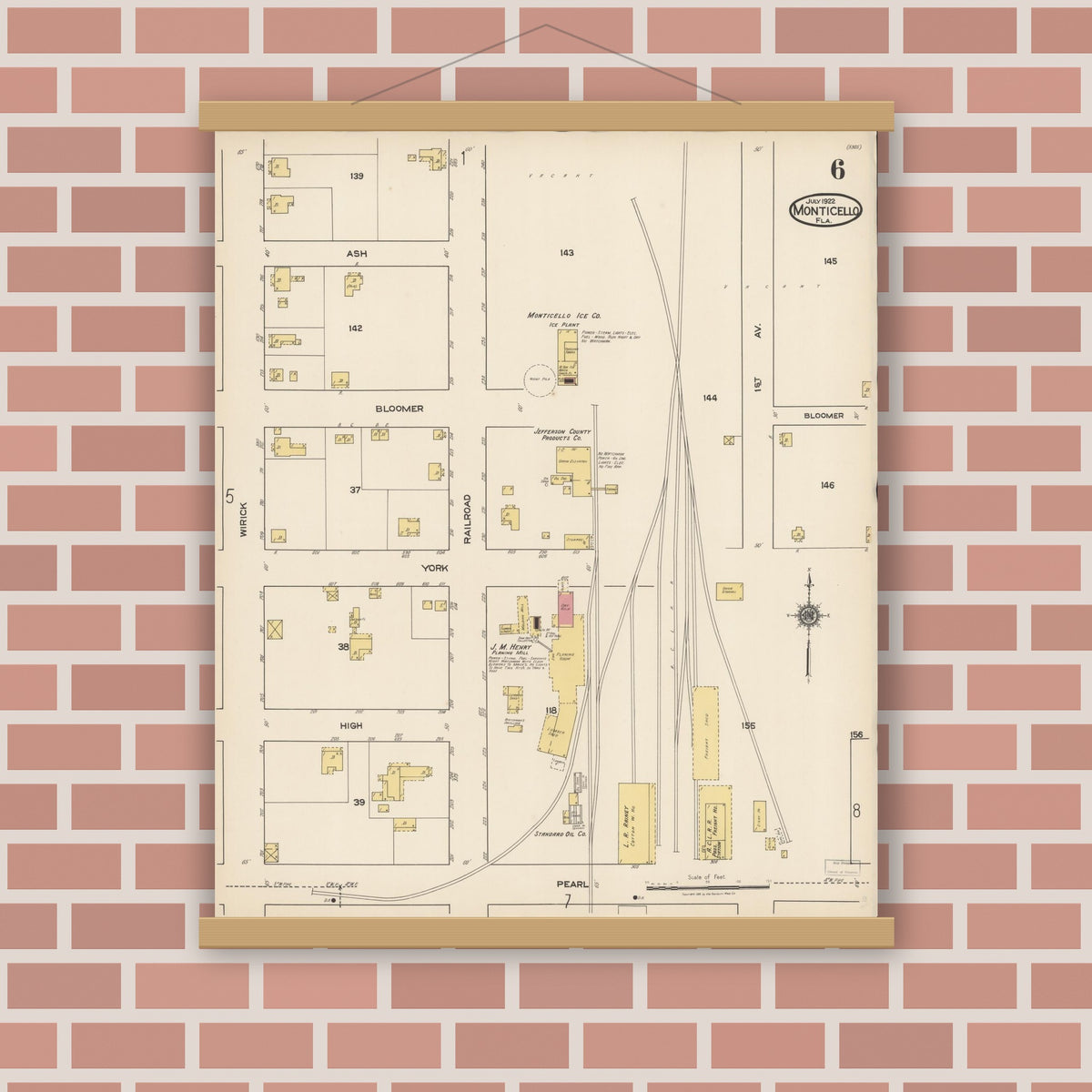 Old map wall art mockup — magnetic wood frame on brick wall — Sanborn Fire Insurance Map from Monticello, Jefferson County, Florida (1922), Sheet #0006