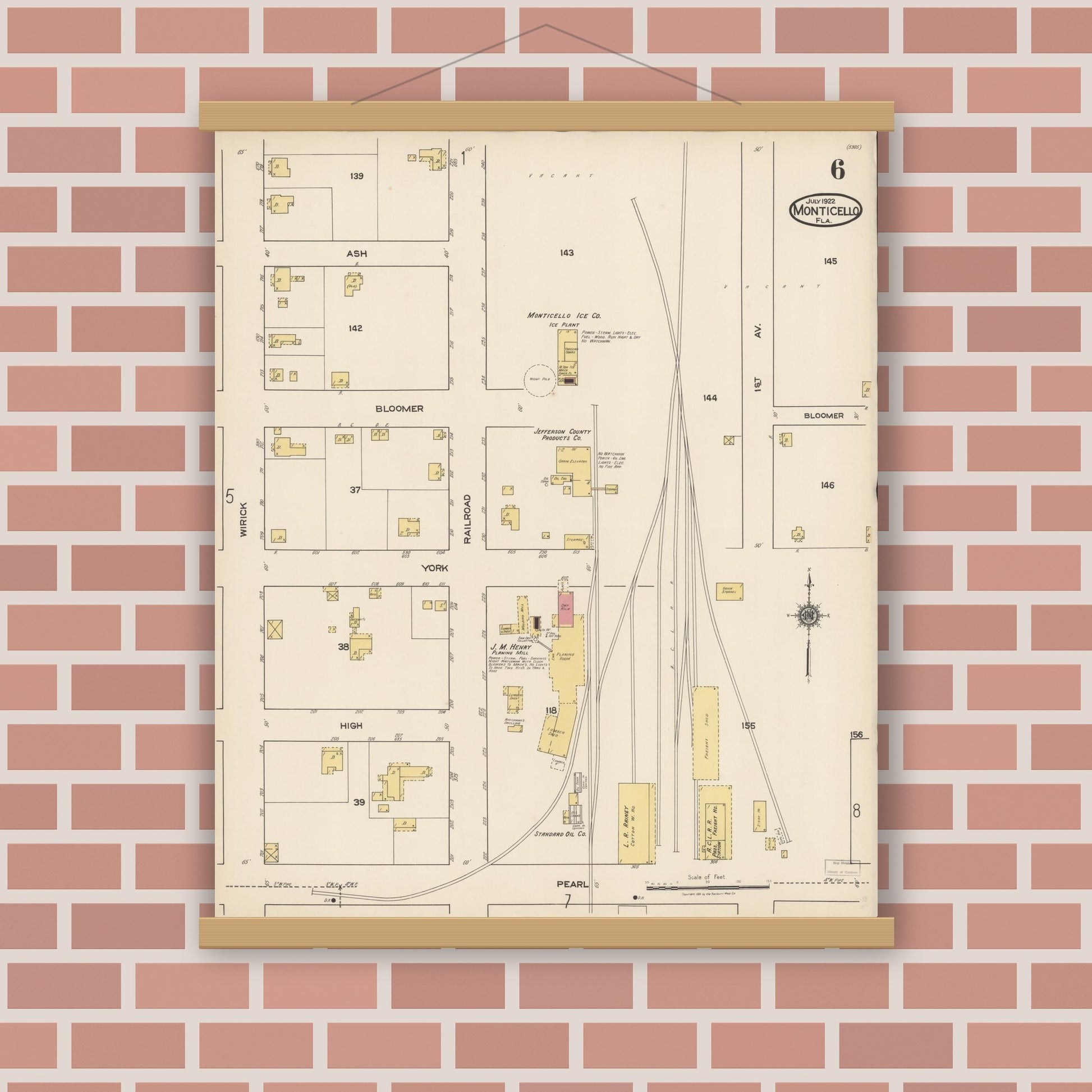 Old map wall art mockup — magnetic wood frame on brick wall — Sanborn Fire Insurance Map from Monticello, Jefferson County, Florida (1922), Sheet #0006
