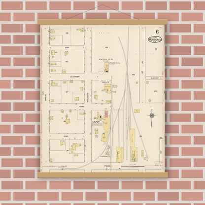 Old map wall art mockup — magnetic wood frame on brick wall — Sanborn Fire Insurance Map from Monticello, Jefferson County, Florida (1922), Sheet #0006