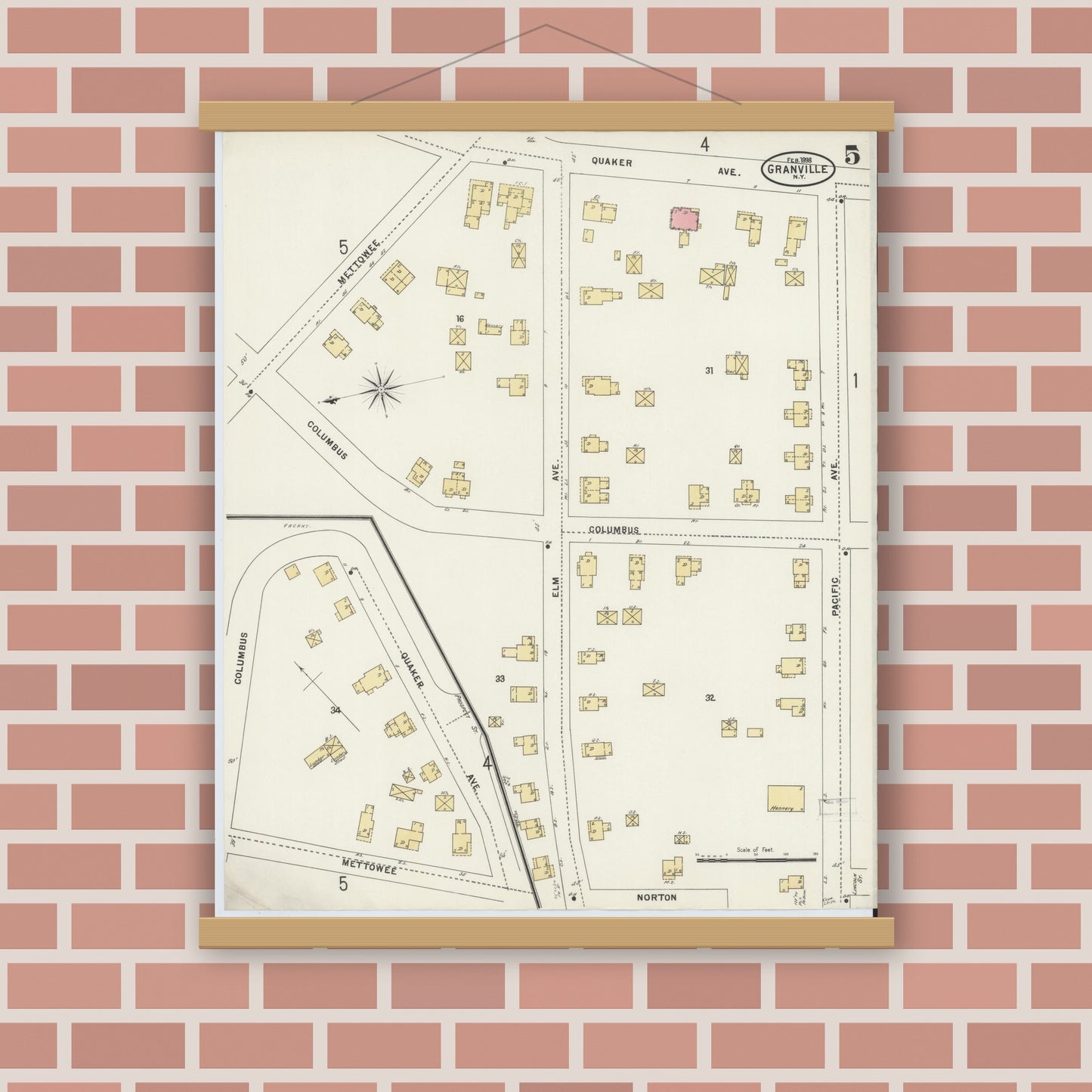 Old map wall art mockup — magnetic wood frame on brick wall — Sanborn Fire Insurance Map from Granville, Washington County, New York (1898), Sheet #0005