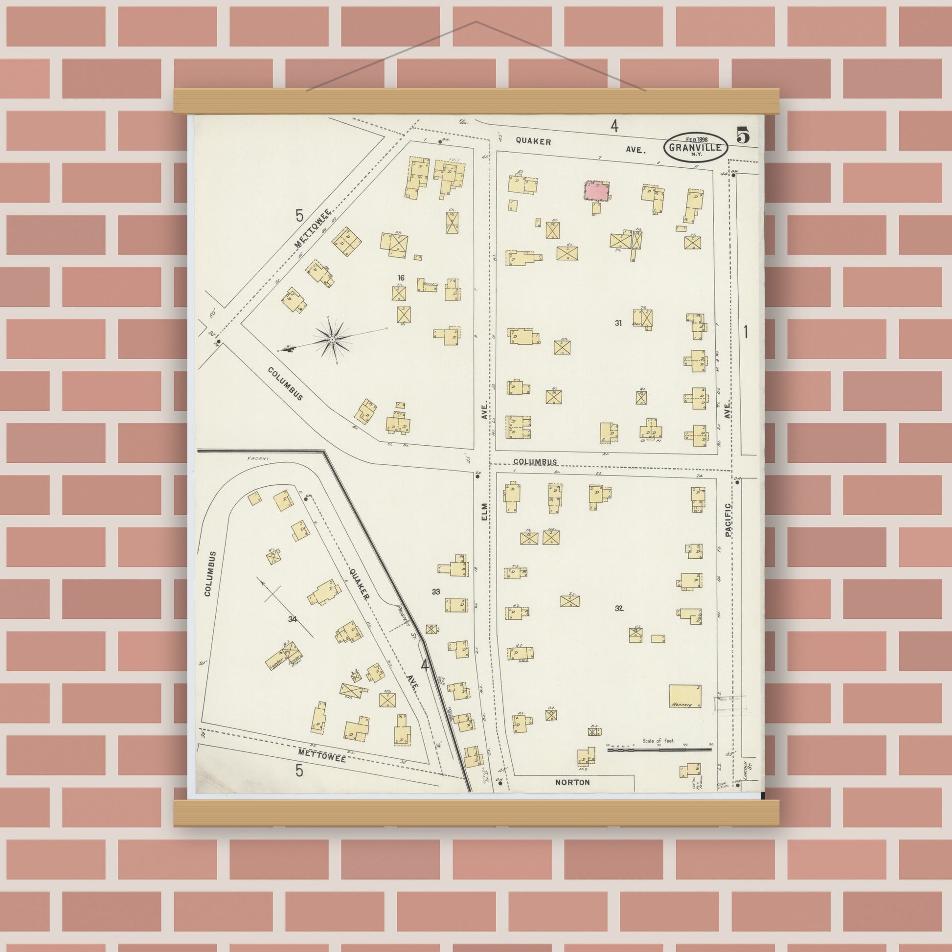 Old map wall art mockup — magnetic wood frame on brick wall — Sanborn Fire Insurance Map from Granville, Washington County, New York (1898), Sheet #0005
