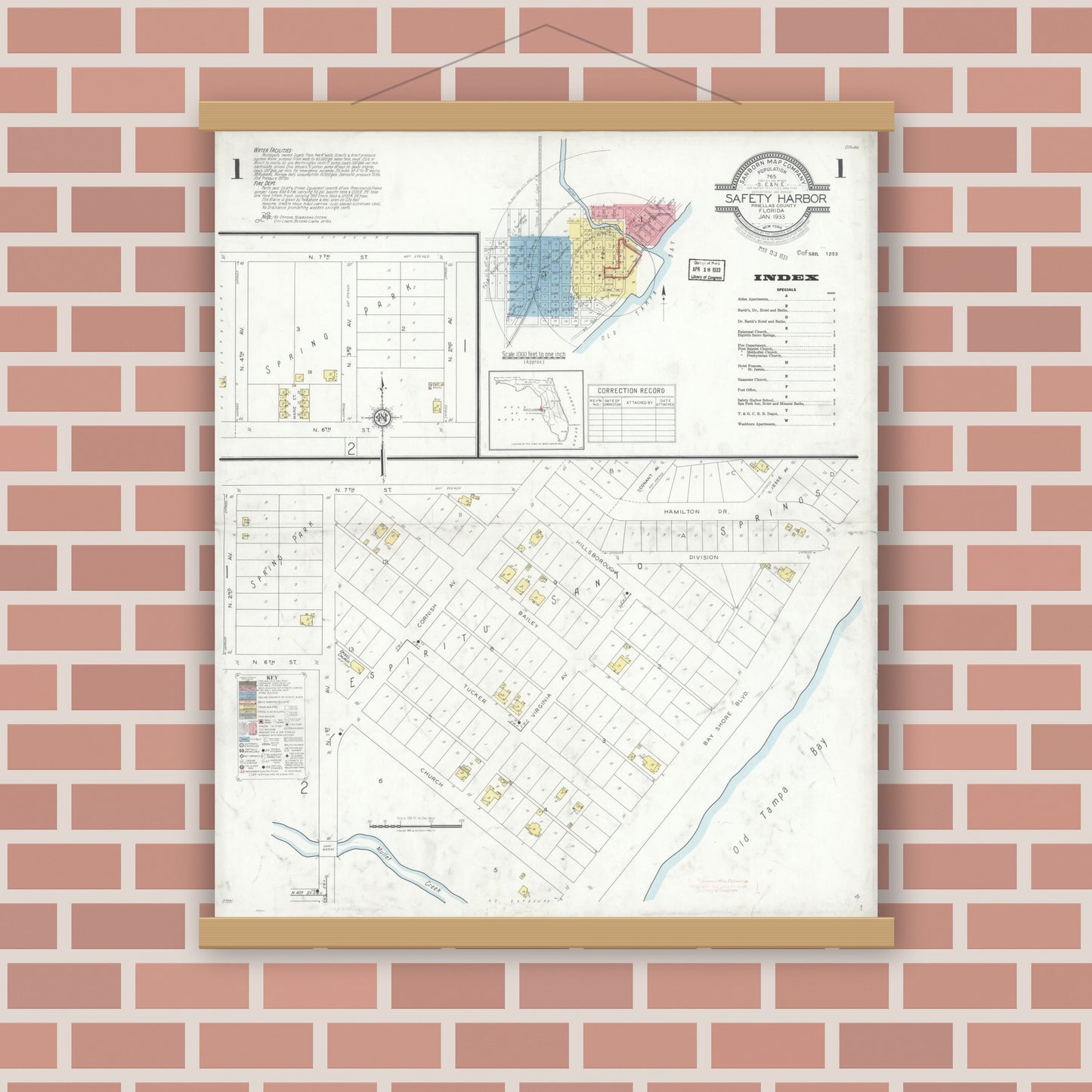 Old map wall art mockup — magnetic wood frame on brick wall — Sanborn Fire Insurance Map from Safety Harbor, Pinellas County, Florida (1933) - Complete Map Set