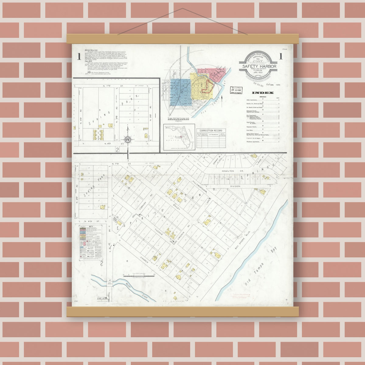 Old map wall art mockup — magnetic wood frame on brick wall — Sanborn Fire Insurance Map from Safety Harbor, Pinellas County, Florida (1933) - Complete Map Set