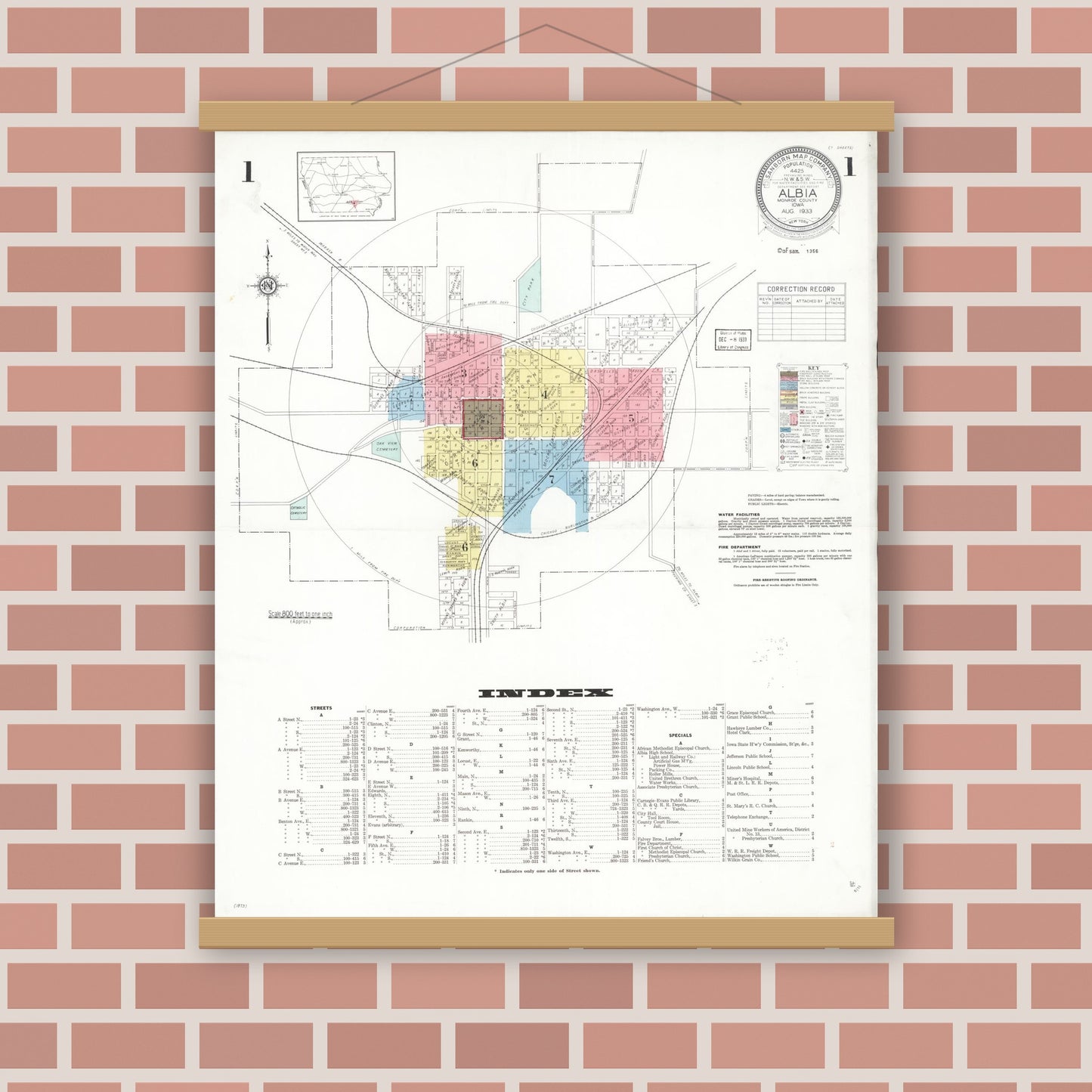 Old map wall art mockup — magnetic wood frame on brick wall — Sanborn Fire Insurance Map from Albia, Monroe County, Iowa (1933) â€” Complete Set