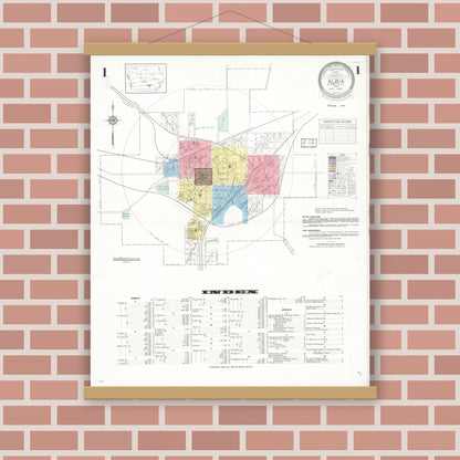 Old map wall art mockup — magnetic wood frame on brick wall — Sanborn Fire Insurance Map from Albia, Monroe County, Iowa (1933) â€” Complete Set