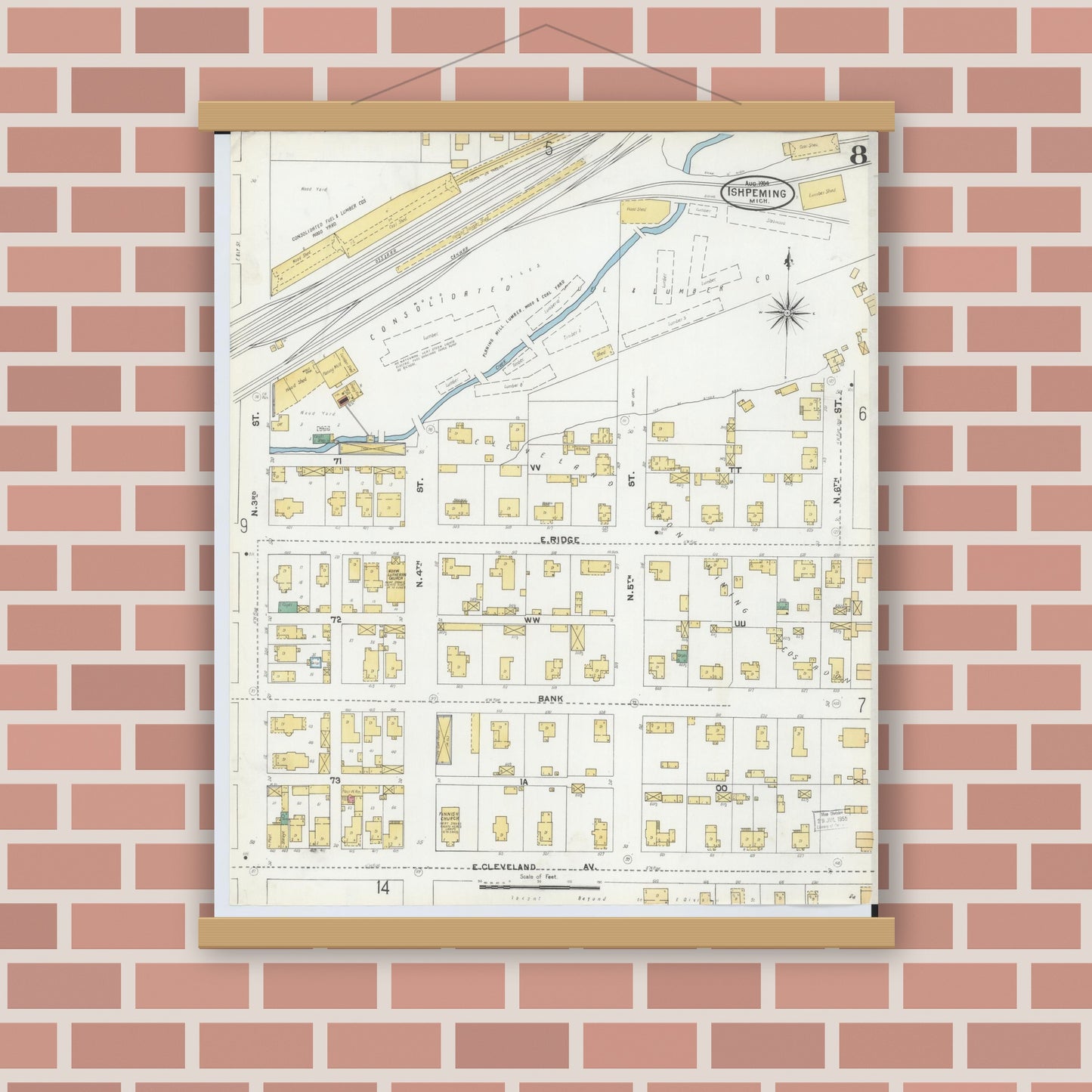 Old map wall art mockup — magnetic wood frame on brick wall — Sanborn Fire Insurance Map from Ishpeming, Marquette County, Michigan (1904), Sheet #0008