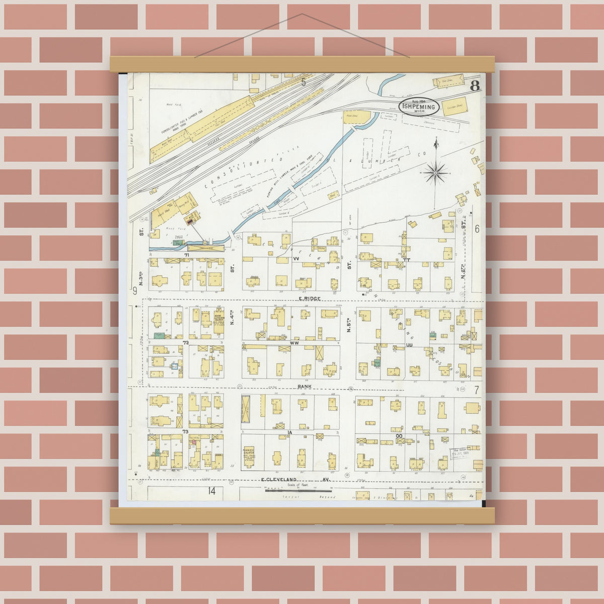 Old map wall art mockup — magnetic wood frame on brick wall — Sanborn Fire Insurance Map from Ishpeming, Marquette County, Michigan (1904), Sheet #0008