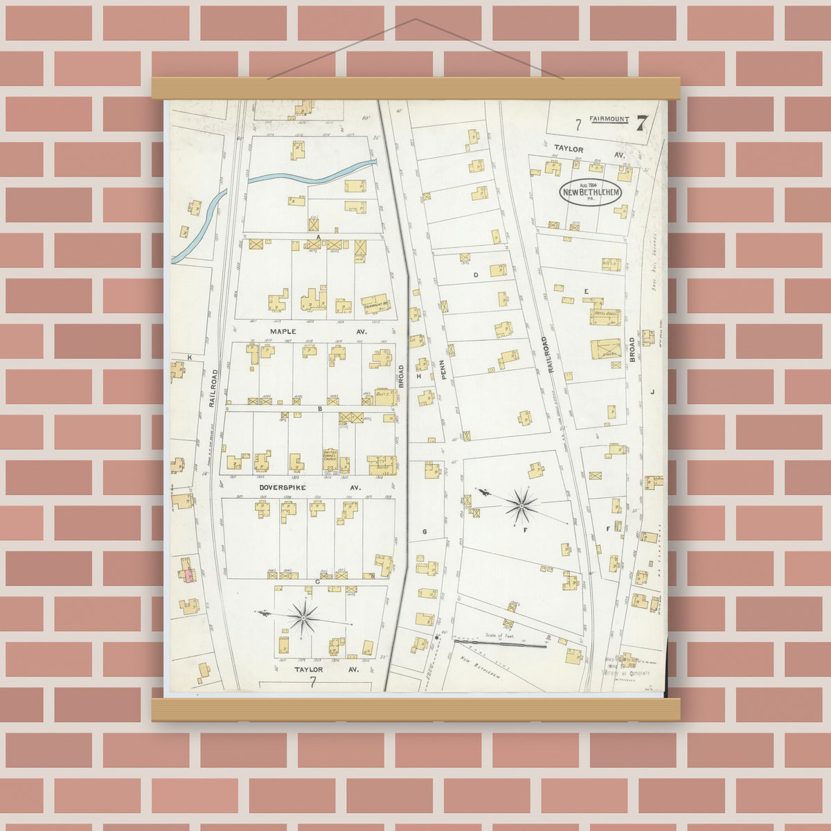 Old map wall art mockup — magnetic wood frame on brick wall — Sanborn Fire Insurance Map from New Bethlehem, Clarion County, Pennsylvania (1904), Sheet #0007