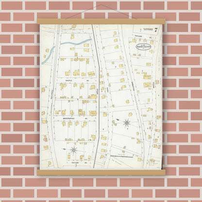 Old map wall art mockup — magnetic wood frame on brick wall — Sanborn Fire Insurance Map from New Bethlehem, Clarion County, Pennsylvania (1904), Sheet #0007