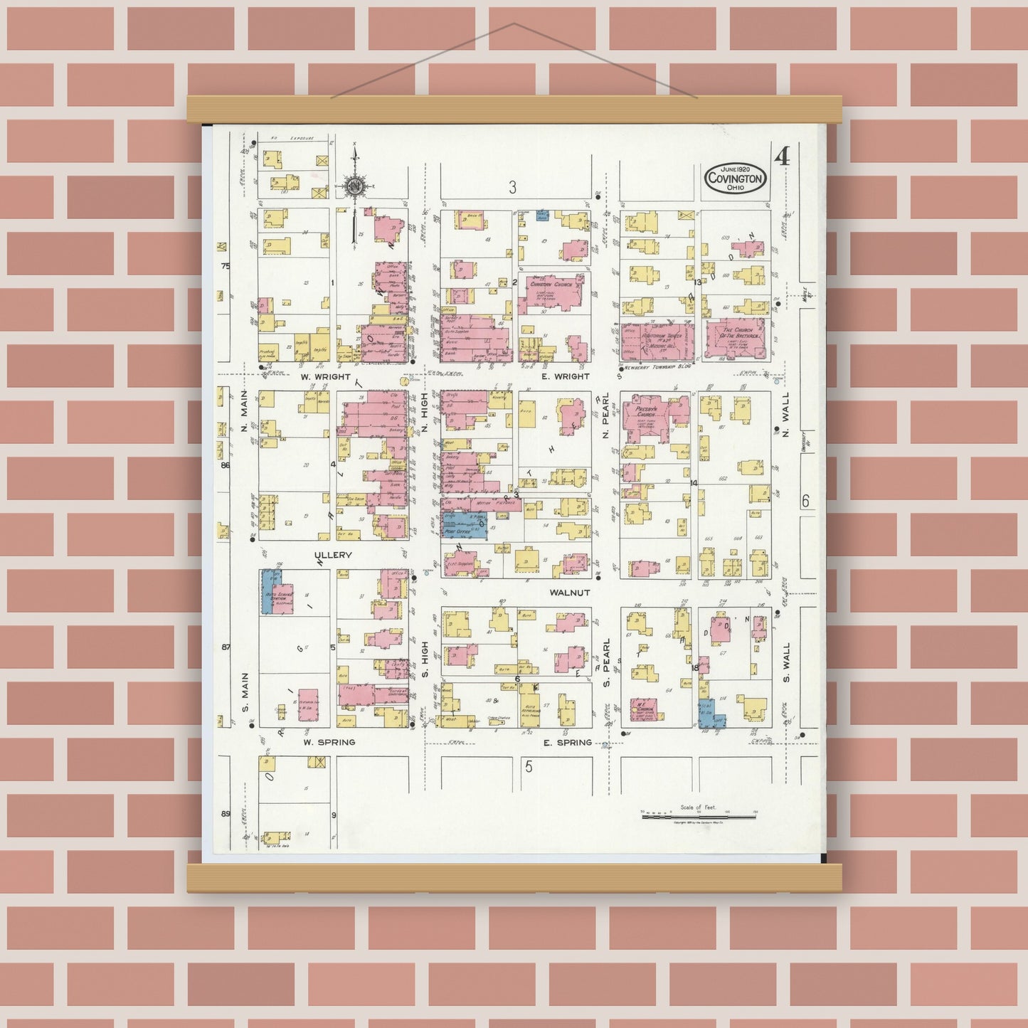 Old map wall art mockup — magnetic wood frame on brick wall — Sanborn Fire Insurance Map from Covington, Miami County, Ohio (1920), Sheet #0004
