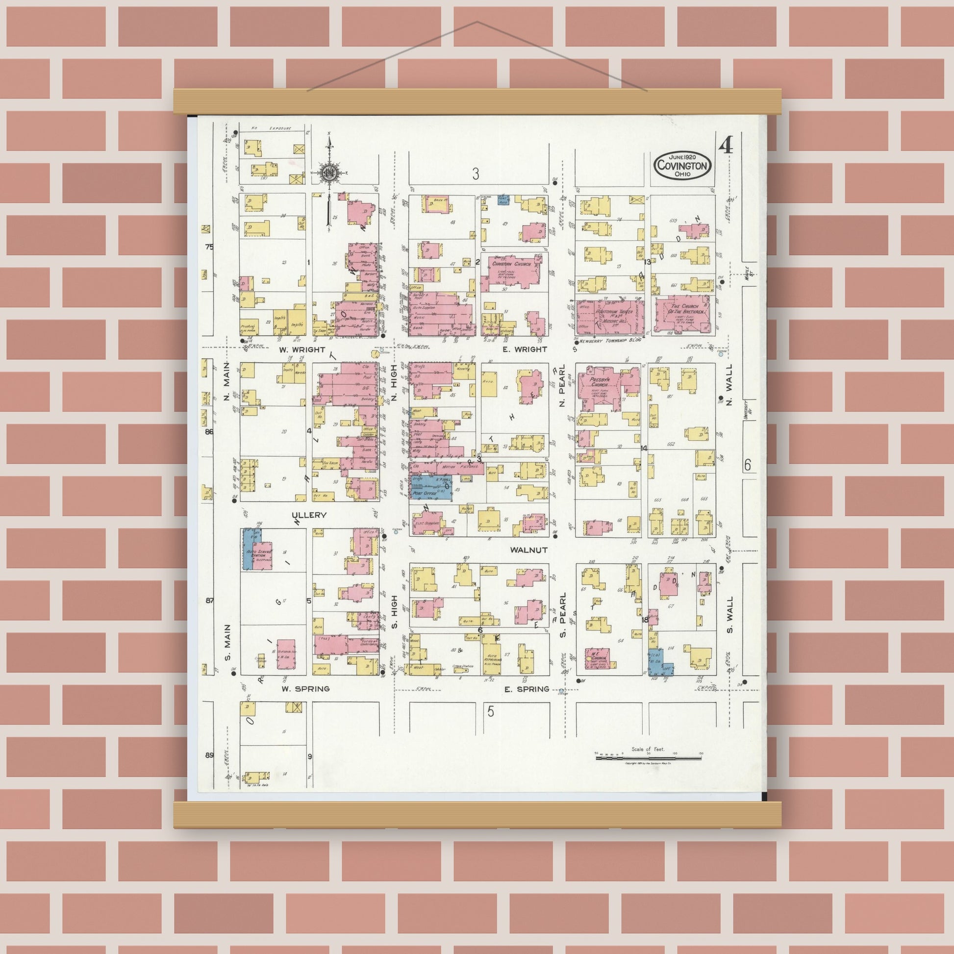 Old map wall art mockup — magnetic wood frame on brick wall — Sanborn Fire Insurance Map from Covington, Miami County, Ohio (1920), Sheet #0004