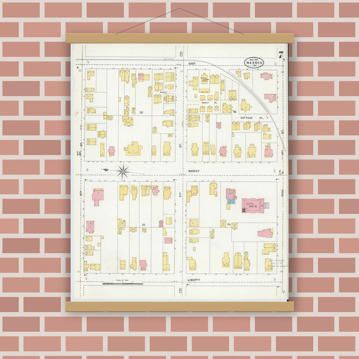 Old map wall art mockup — magnetic wood frame on brick wall — Sanborn Fire Insurance Map from Warren, Warren County, Pennsylvania (1904), Sheet #0007