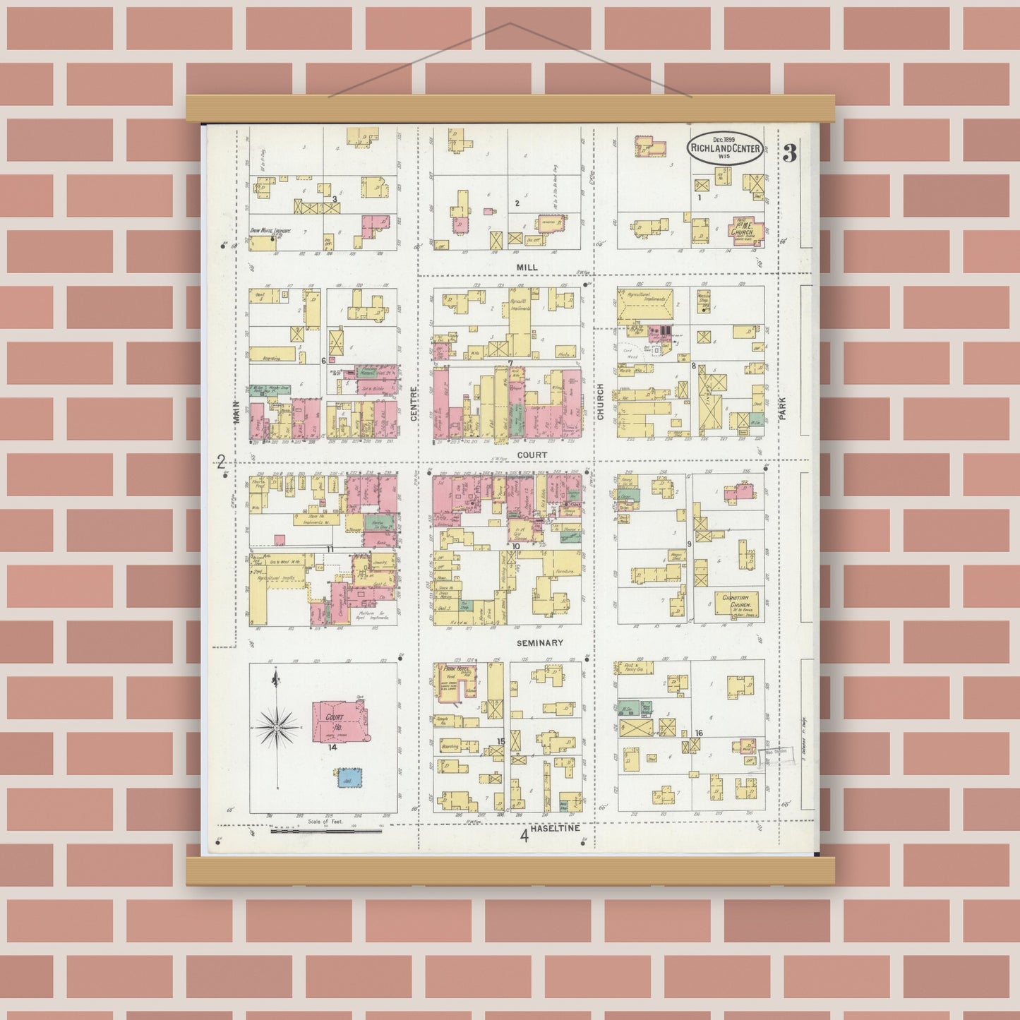 Old map wall art mockup — magnetic wood frame on brick wall — Sanborn Fire Insurance Map from Richland Center, Richland County, Wisconsin (1899), Sheet #0003