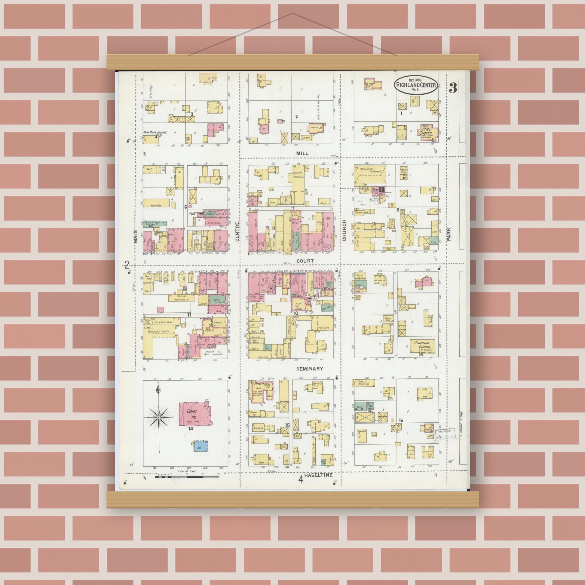 Old map wall art mockup — magnetic wood frame on brick wall — Sanborn Fire Insurance Map from Richland Center, Richland County, Wisconsin (1899), Sheet #0003