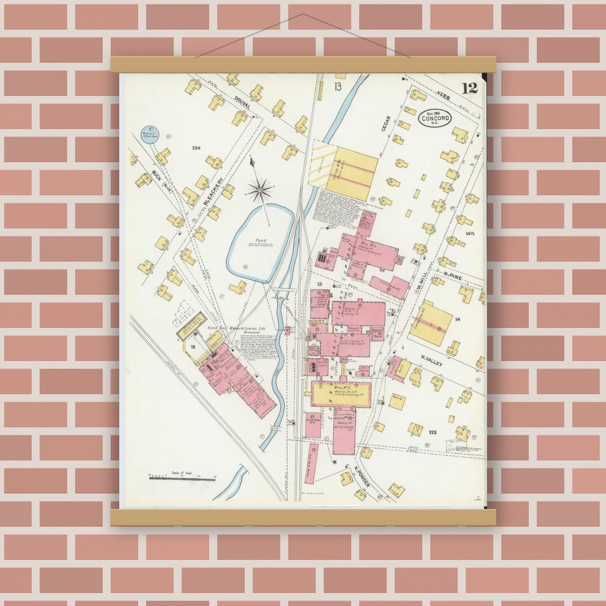 Old map wall art mockup — magnetic wood frame on brick wall — Sanborn Fire Insurance Map from Concord, Cabarrus County, North Carolina (1906), Sheet #0012