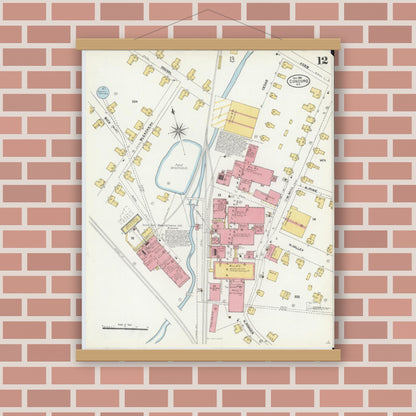 Old map wall art mockup — magnetic wood frame on brick wall — Sanborn Fire Insurance Map from Concord, Cabarrus County, North Carolina (1906), Sheet #0012