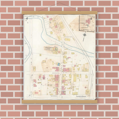 Old map wall art mockup — magnetic wood frame on brick wall — Sanborn Fire Insurance Map from Sainte Genevieve, Saint Genevieve County, Missouri (1945), Sheet #0004