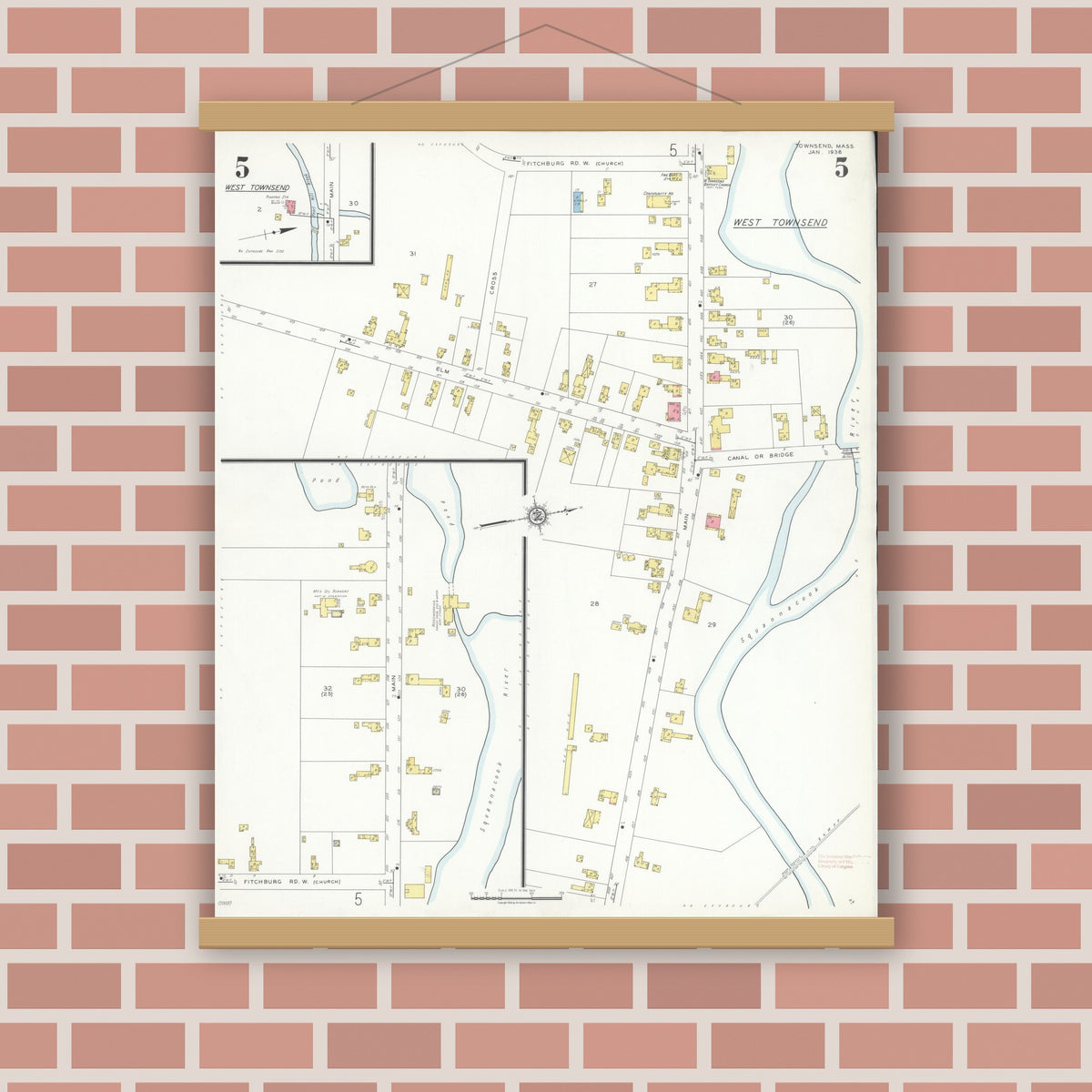 Old map wall art mockup — magnetic wood frame on brick wall — Sanborn Fire Insurance Map from Townsend, Middlesex County, Massachusetts (1936), Sheet #0005