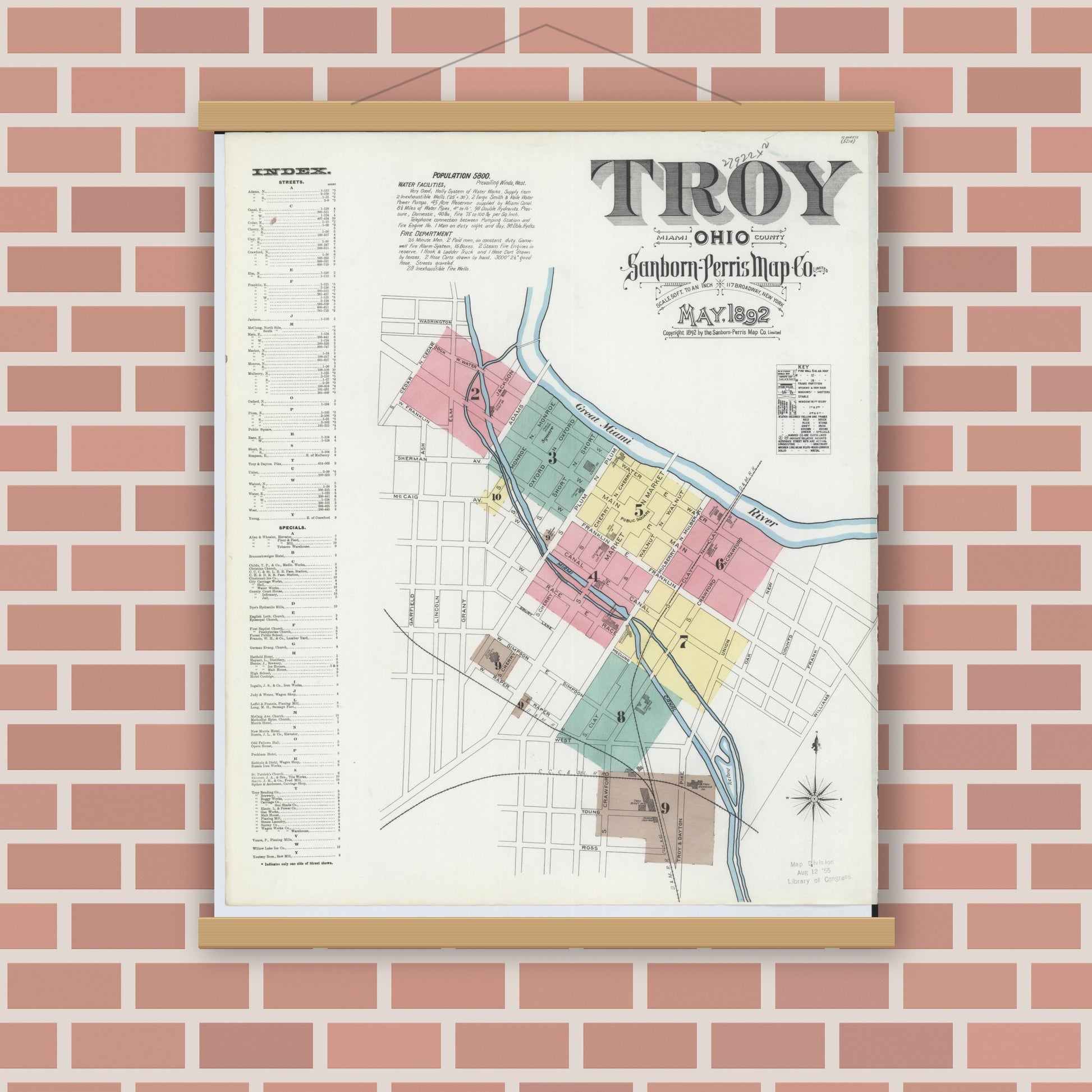 Old map wall art mockup — magnetic wood frame on brick wall — Sanborn Fire Insurance Map from Troy, Miami County, Ohio (1892), Sheet #0001