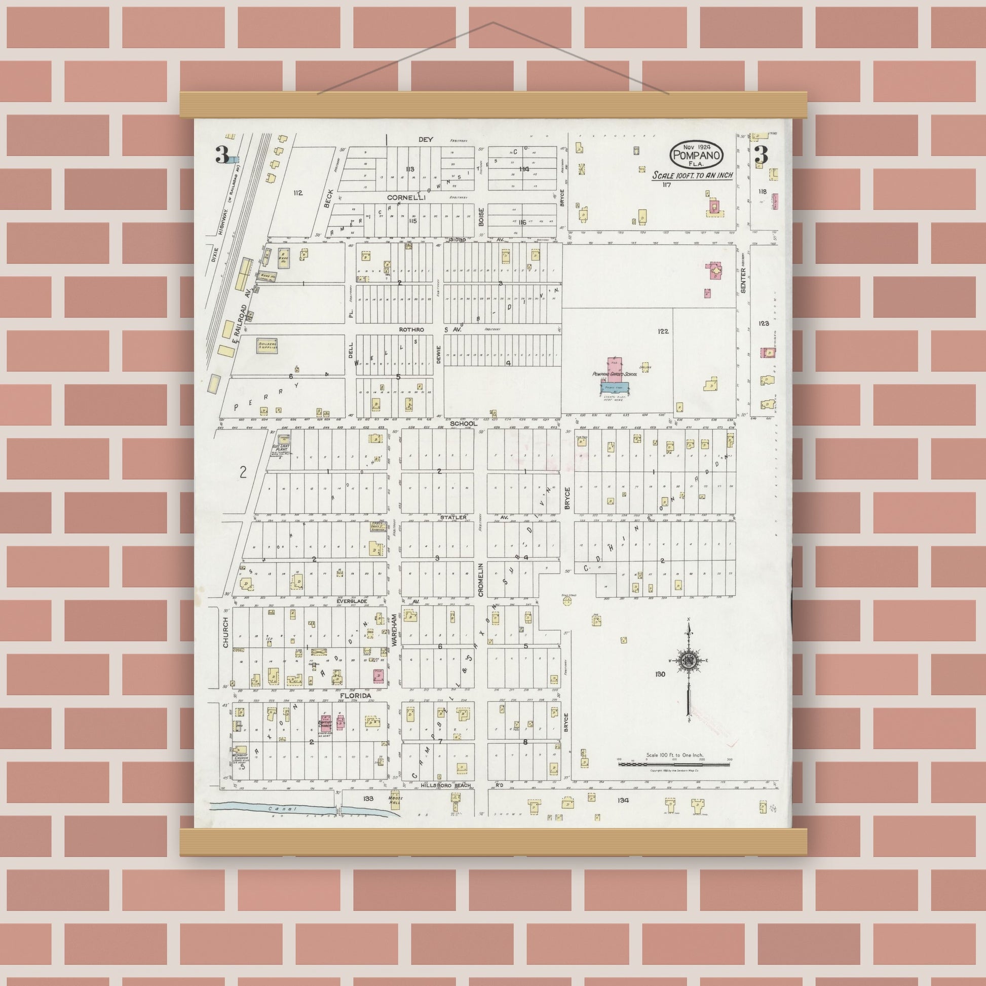 Old map wall art mockup — magnetic wood frame on brick wall — Sanborn Fire Insurance Map from Pompano, Broward County, Florida (1924), Sheet #0003