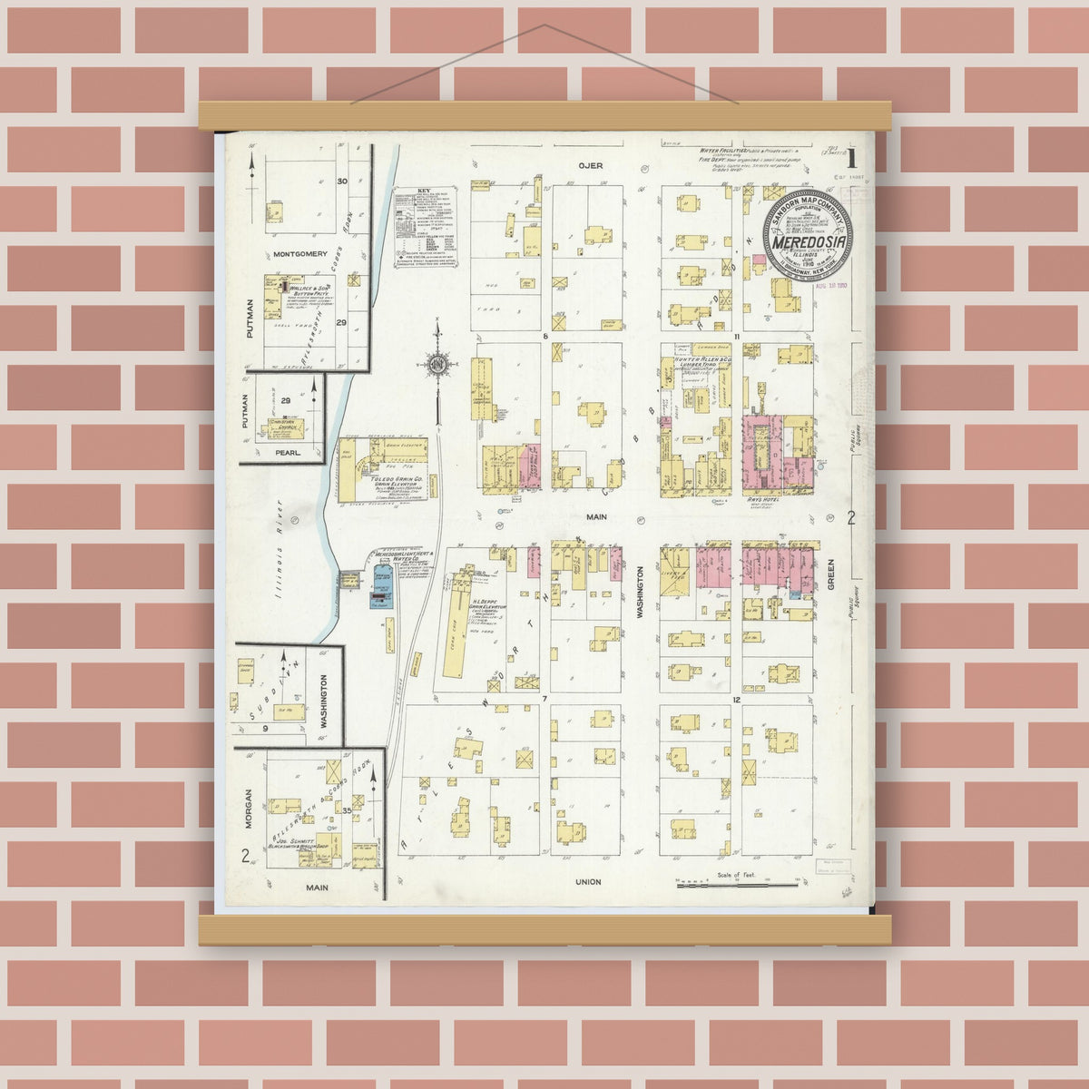 Old map wall art mockup — magnetic wood frame on brick wall — Sanborn Fire Insurance Map from Meredosia, Morgan County, Illinois (1910) - Complete Map Set