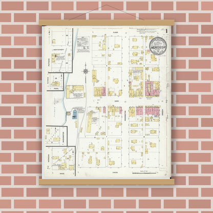 Old map wall art mockup — magnetic wood frame on brick wall — Sanborn Fire Insurance Map from Meredosia, Morgan County, Illinois (1910) - Complete Map Set