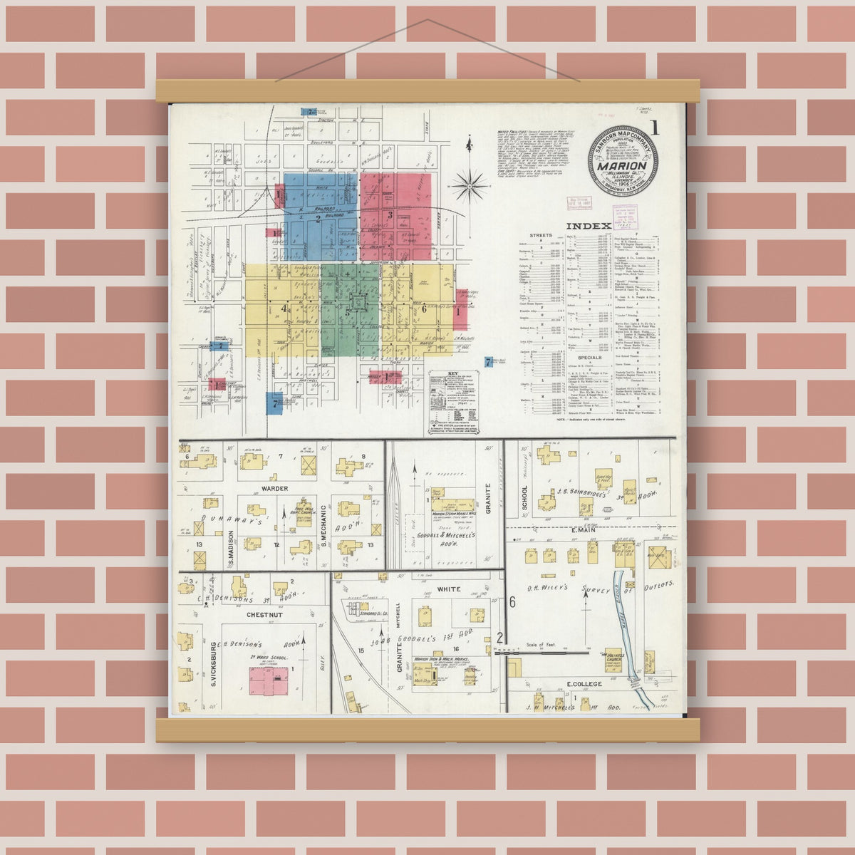 Old map wall art mockup — magnetic wood frame on brick wall — Sanborn Fire Insurance Map from Marion, Williamson County, Illinois (1906) - Complete Map Set