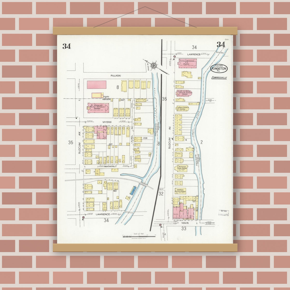 Old map wall art mockup — magnetic wood frame on brick wall — Sanborn Fire Insurance Map from Kingston, Luzerne County, Pennsylvania (1925), Sheet #0034