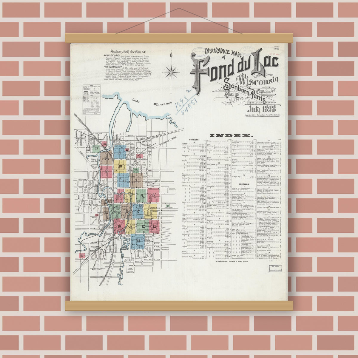 Old map wall art mockup — magnetic wood frame on brick wall — Sanborn Fire Insurance Map from Fond du Lac, Fond du Lac County, Wisconsin (1898), Sheet #0001