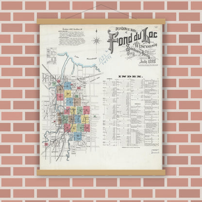 Old map wall art mockup — magnetic wood frame on brick wall — Sanborn Fire Insurance Map from Fond du Lac, Fond du Lac County, Wisconsin (1898), Sheet #0001