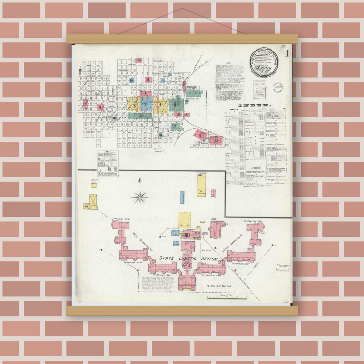 Old map wall art mockup — magnetic wood frame on brick wall — Sanborn Fire Insurance Map from Nevada, Vernon County, Missouri (1900), Sheet #0001